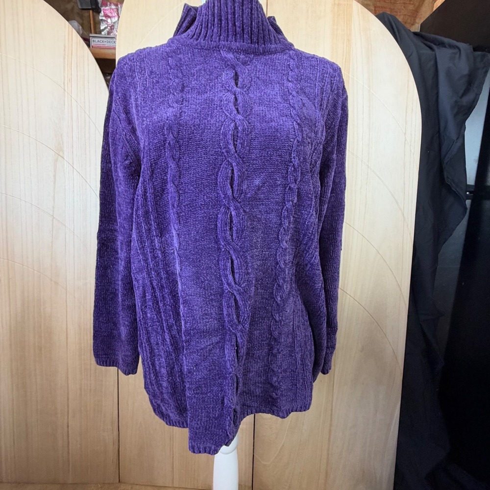 Classic Elements Chenille Sweater Womens Large Purple Cable Knit Mock Neck Soft